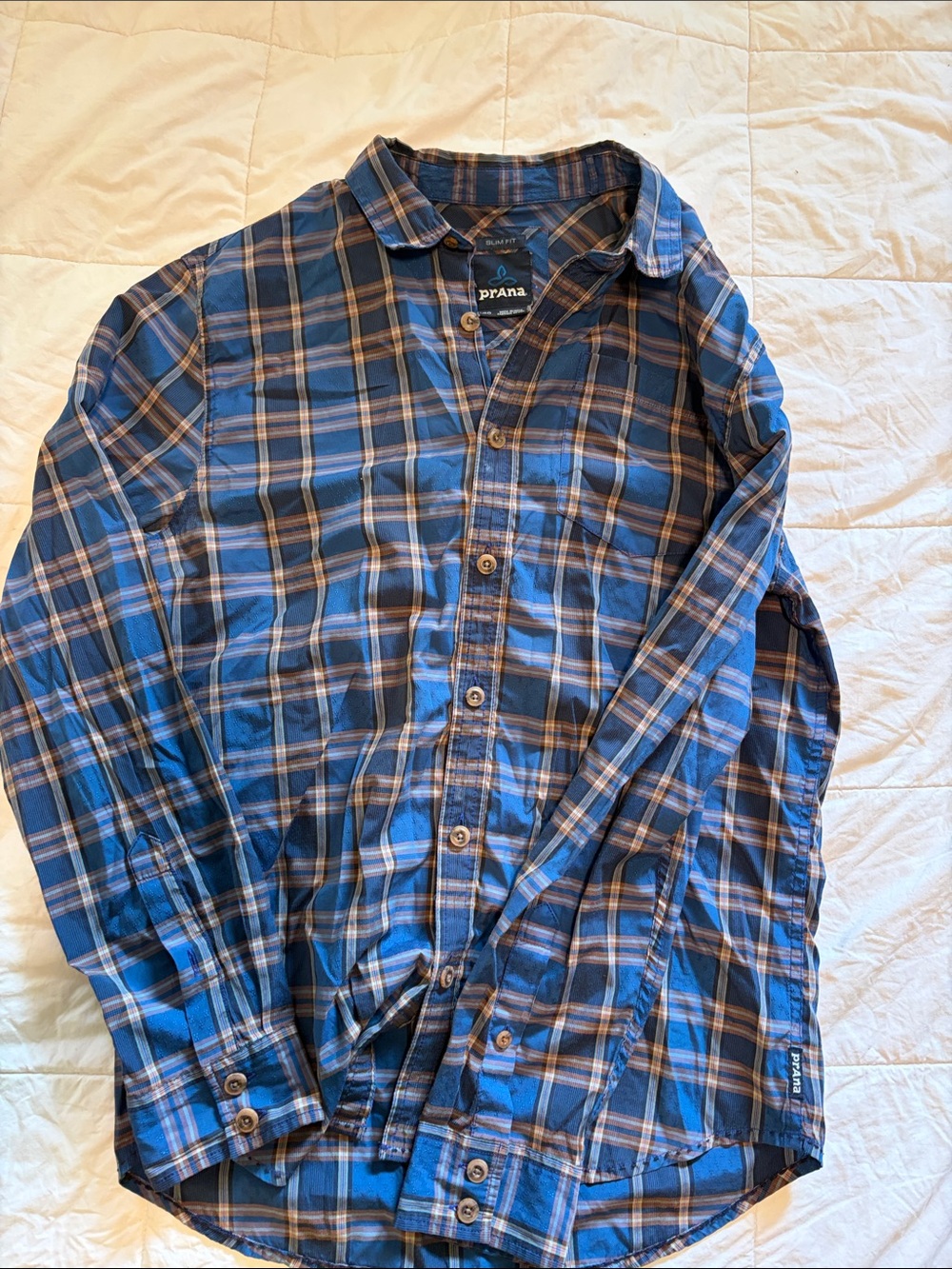 Prana Men's Blue and Brown Plaid Button-Down Shirt
